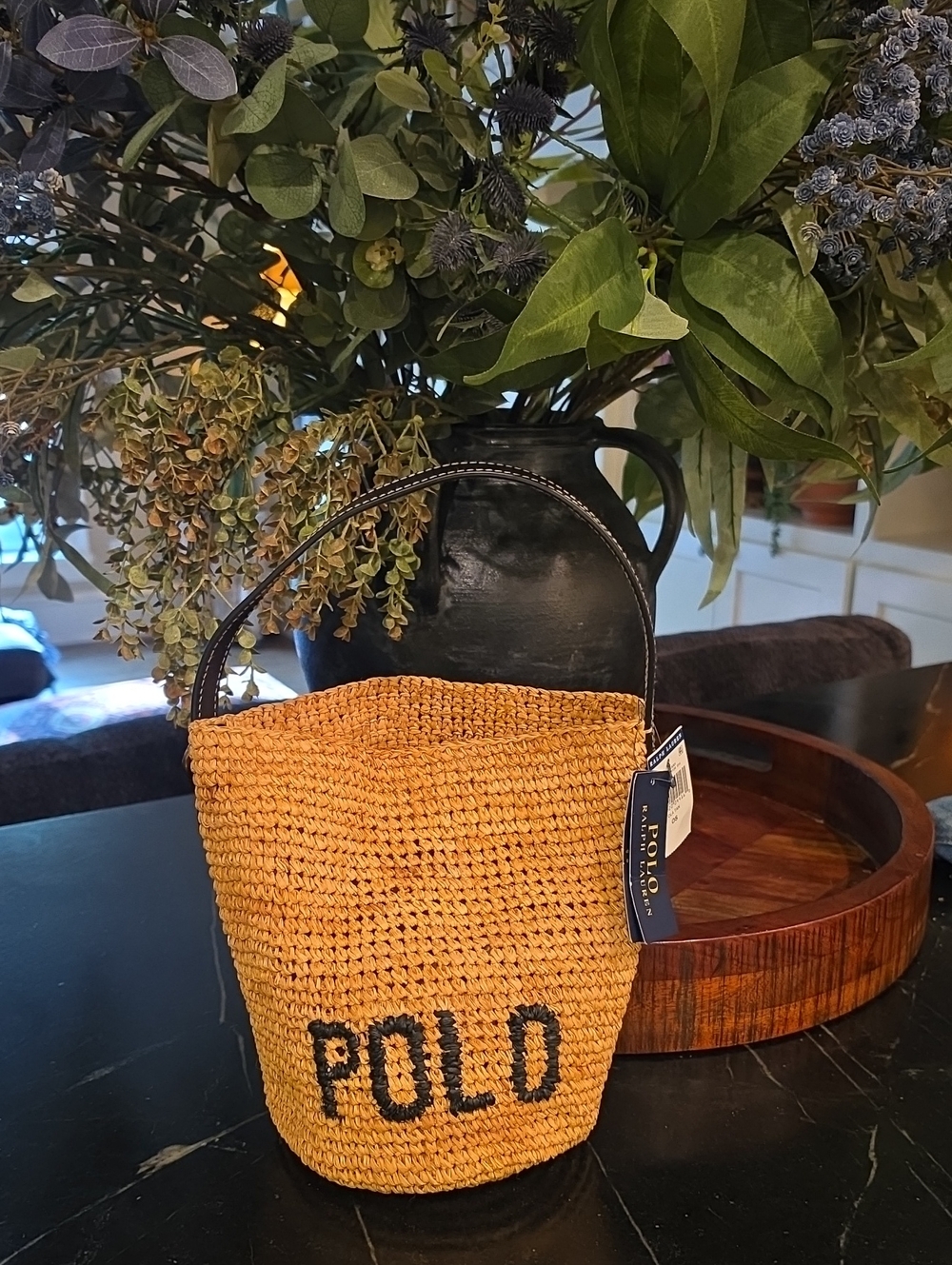 Polo Ralph Lauren Natural Tan And Navy Woven Rafia And Leather Bucket Bag NWT